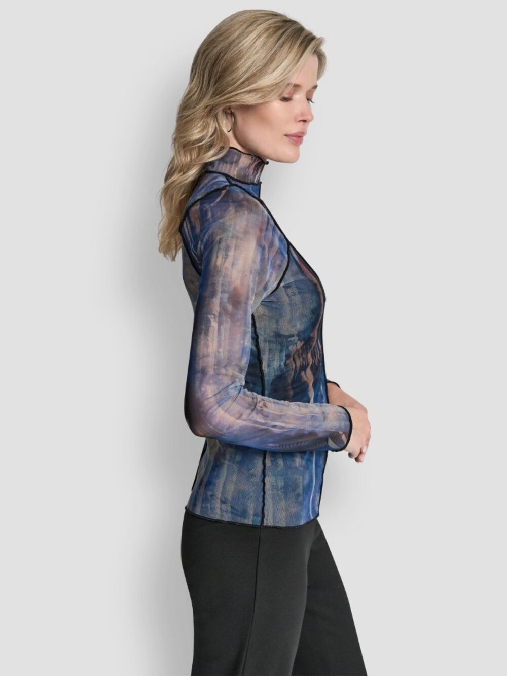 DKNY Women's Long-Sleeve Exposed Seam Mesh Top SZ XL